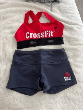 Reebok Red Sports Bra and Blue CrossFit Shorts